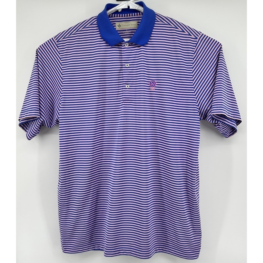 Donald Ross Short Sleeve Polo Shirt Blue And Pink Striped Men's Size Large